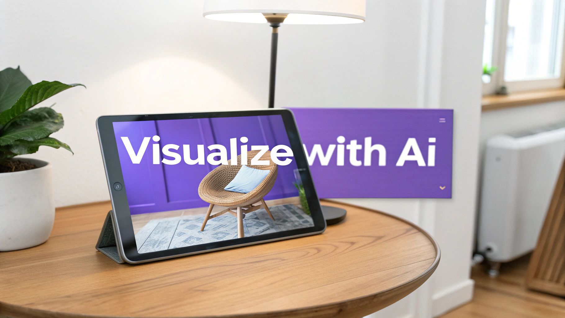 A tablet displays an AI visualization of a woven chair in a purple room, next to a "Visualize with Ai" sign.