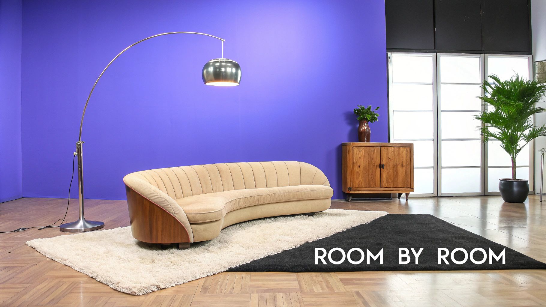A retro-futuristic living room featuring a curved beige sofa, arc lamp, and wooden furniture on a parquet floor.