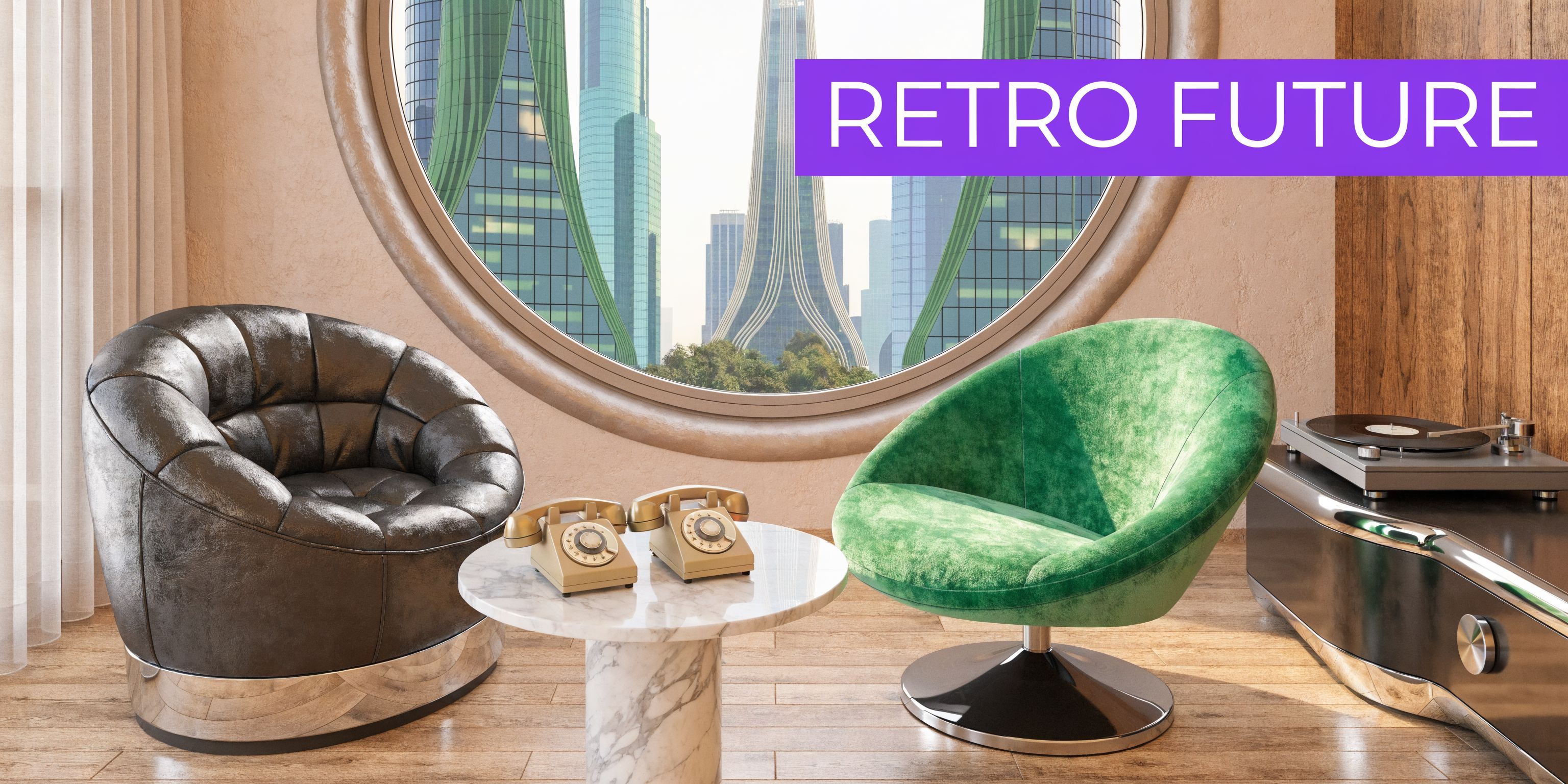A luxurious modern lounge featuring a dark leather chair, green velvet chair, and vintage telephones by a round window.