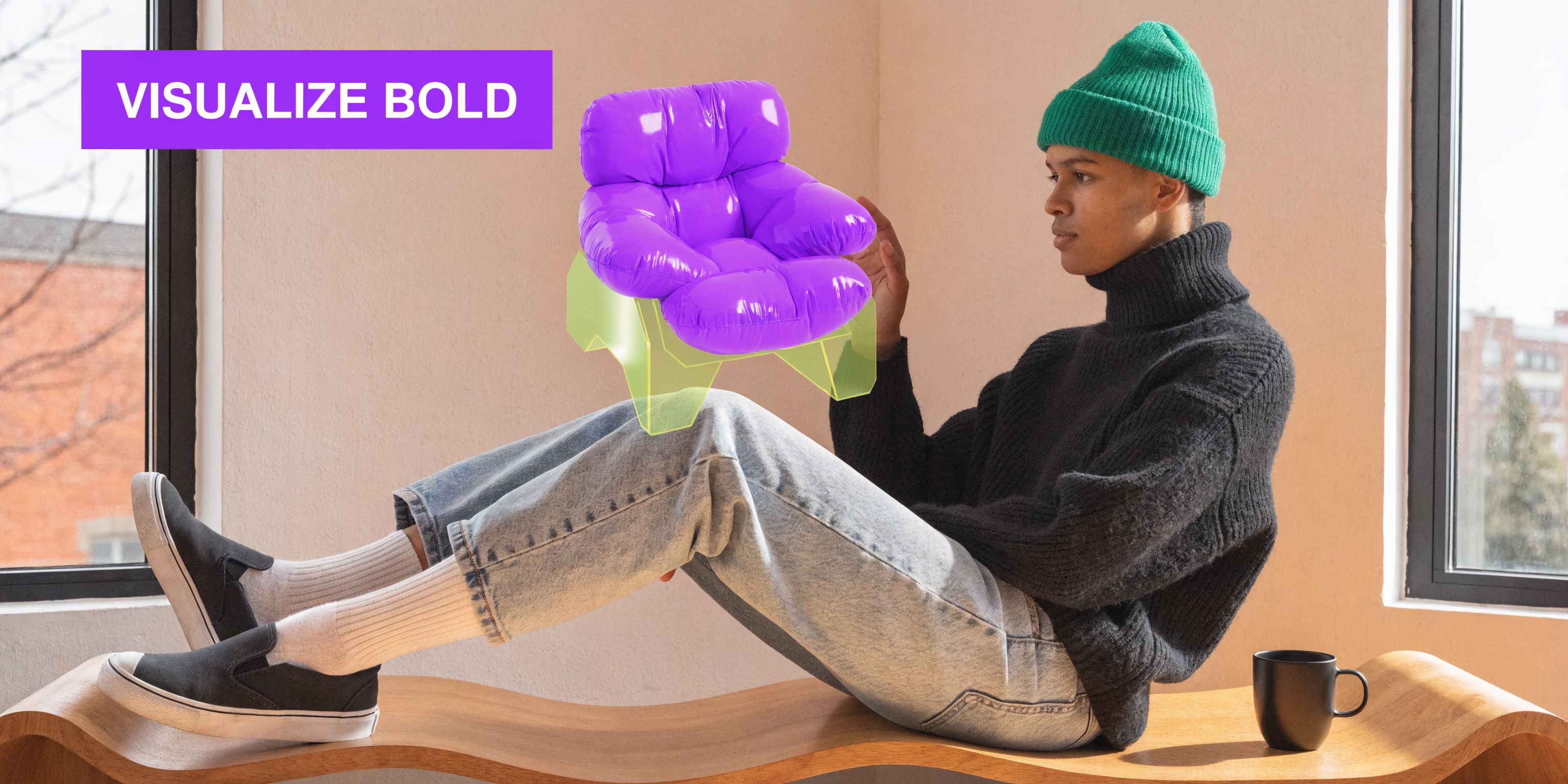 A person sitting on a wooden bench while interacting with a holographic purple armchair illustration.