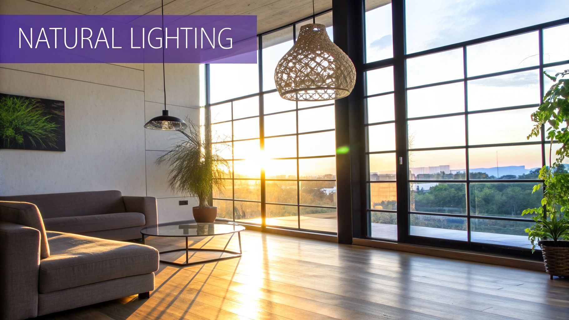 Modern living room bathed in warm natural light from large windows during sunset, featuring a couch and plants.