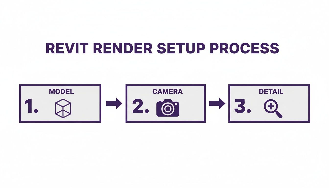 A diagram outlining the Revit render setup process with three steps: Model, Camera, and Detail.