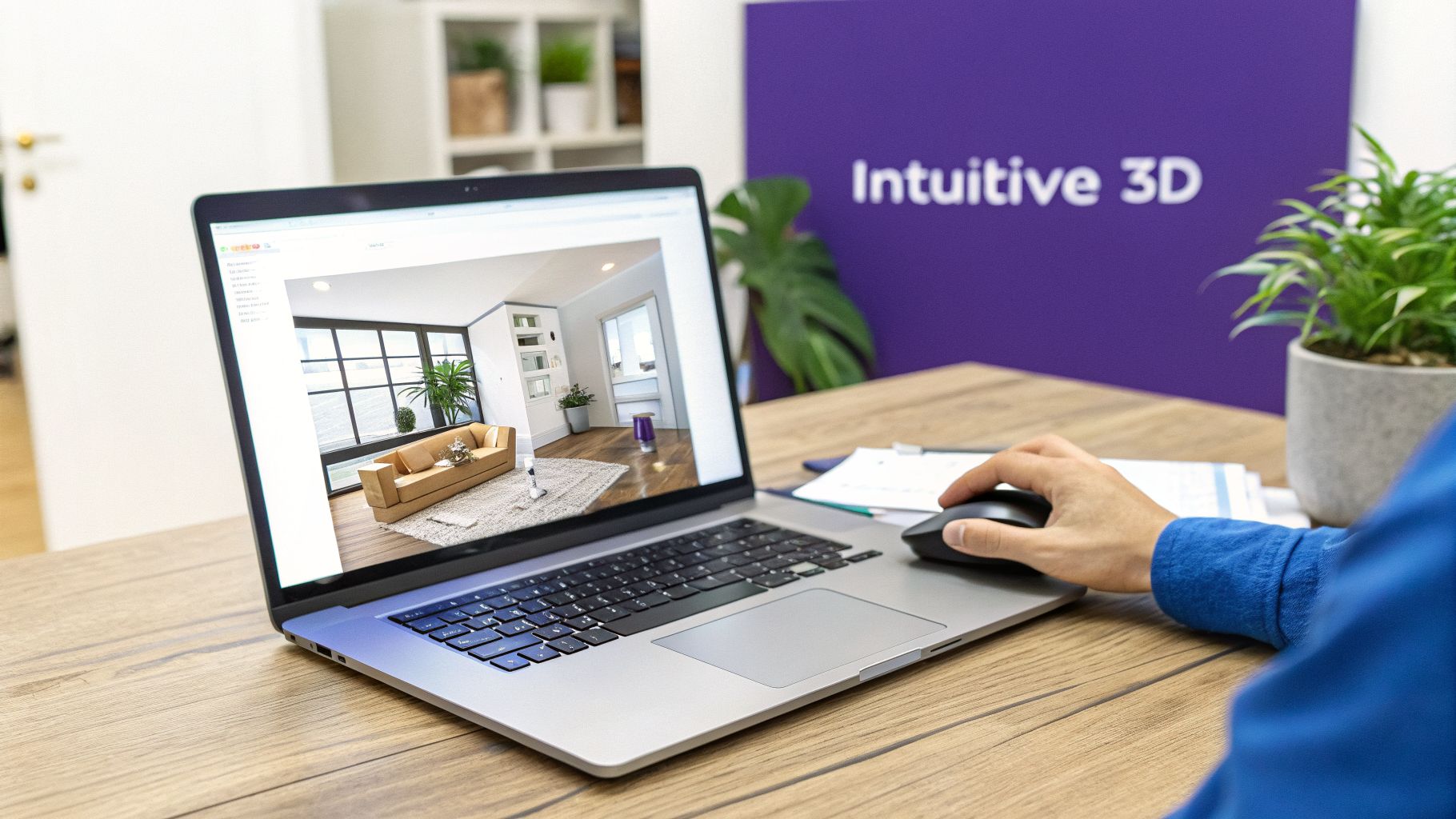 A person uses a laptop and mouse to design a room layout with 3D software.