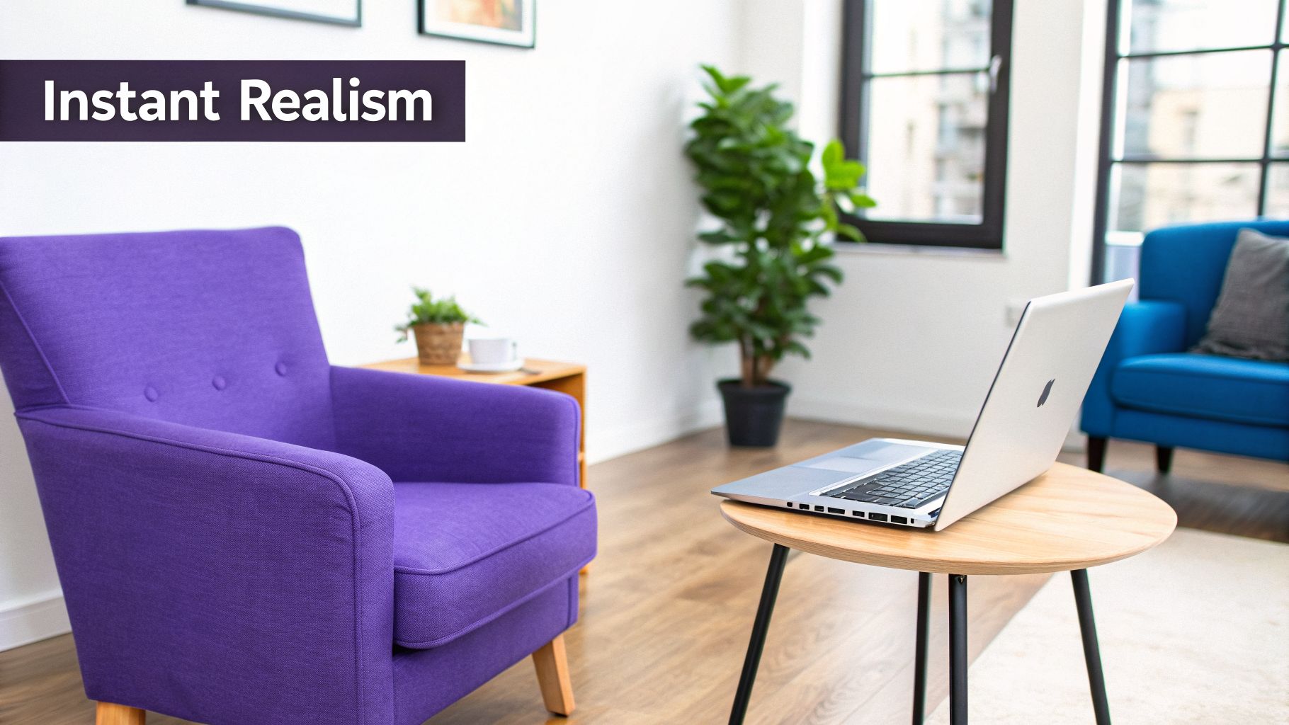 A modern purple armchair, a laptop on a round wooden table, and a plant in a bright room.