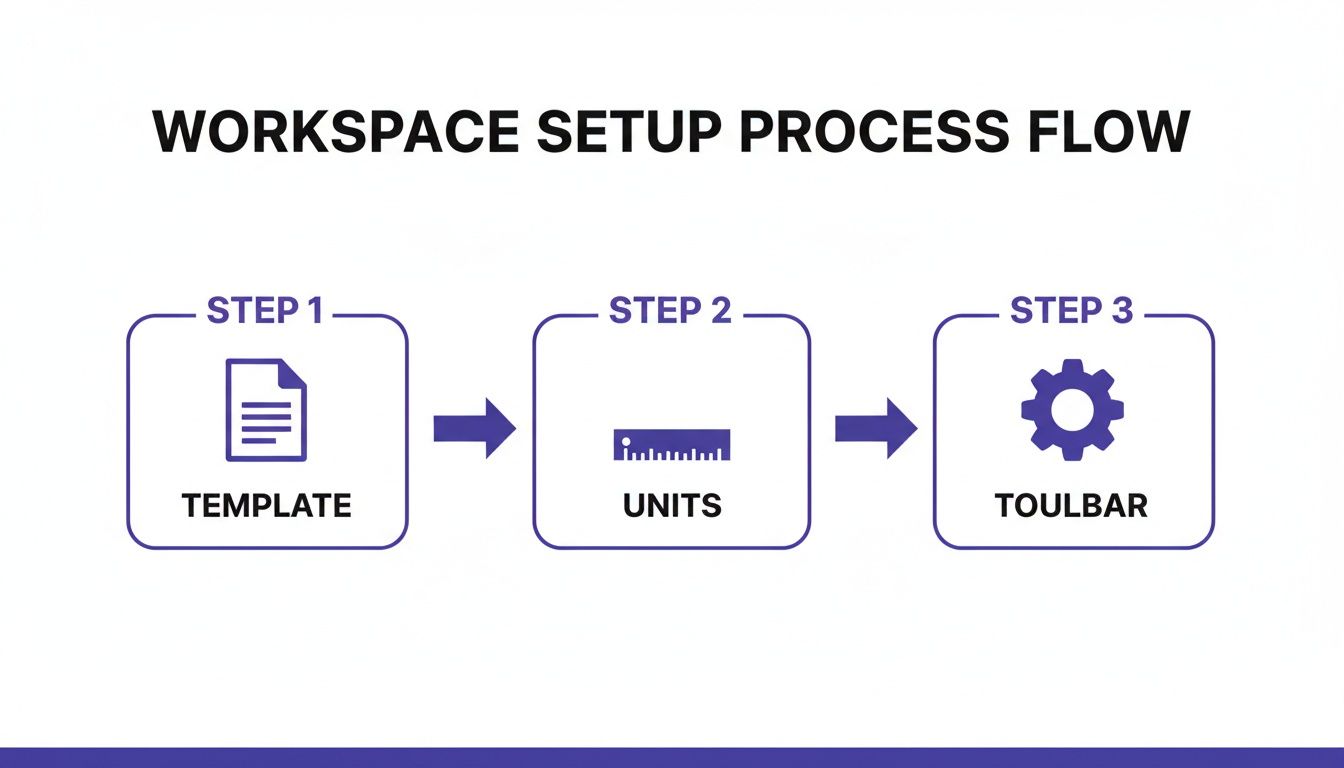 Flowchart illustrating a three-step workspace setup process: template, units, and toolbar configuration.