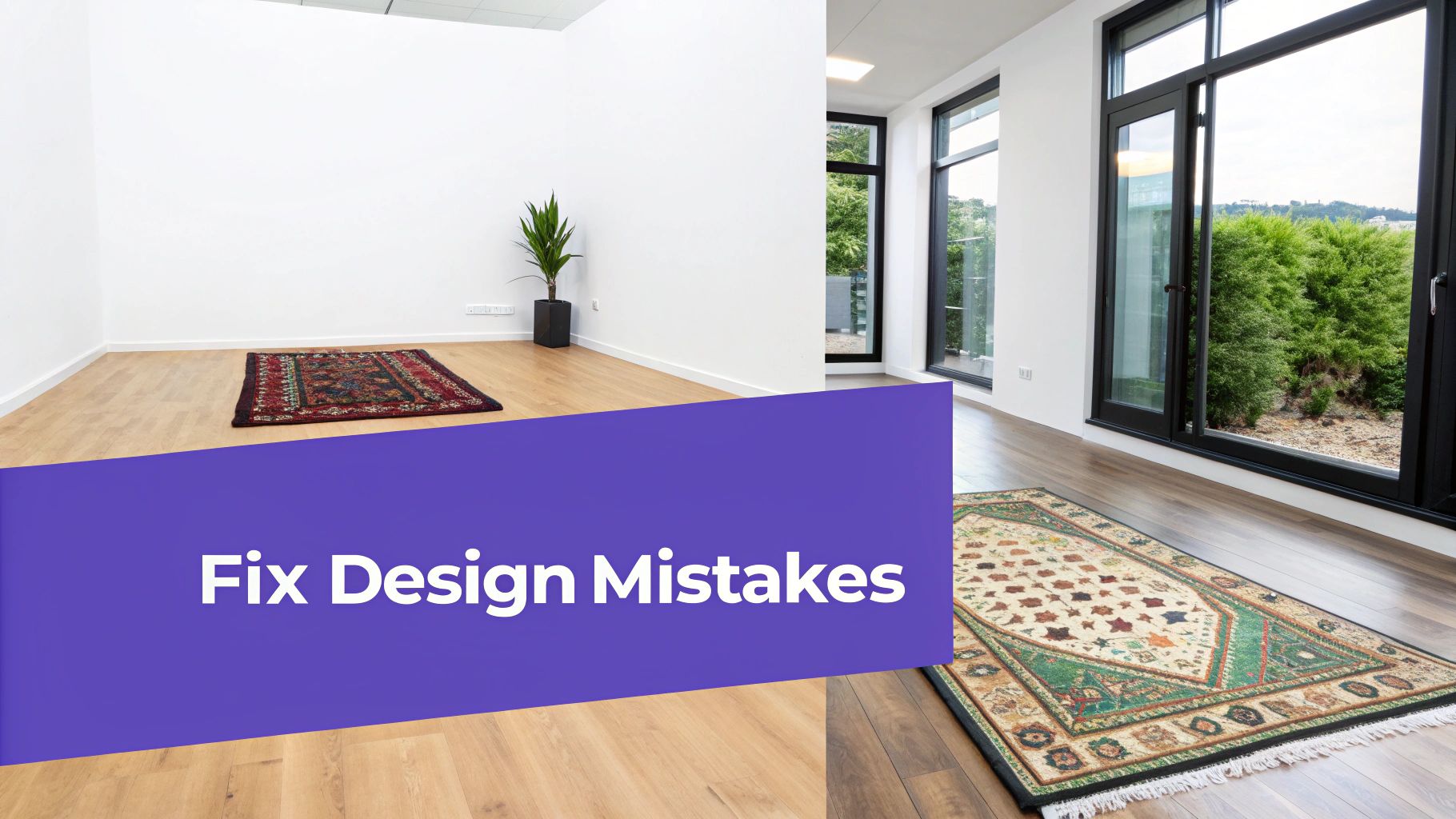 Two rooms with wooden floors, white walls, and large windows, one with a small rug, overlayed with 'Fix Design Mistakes' text.