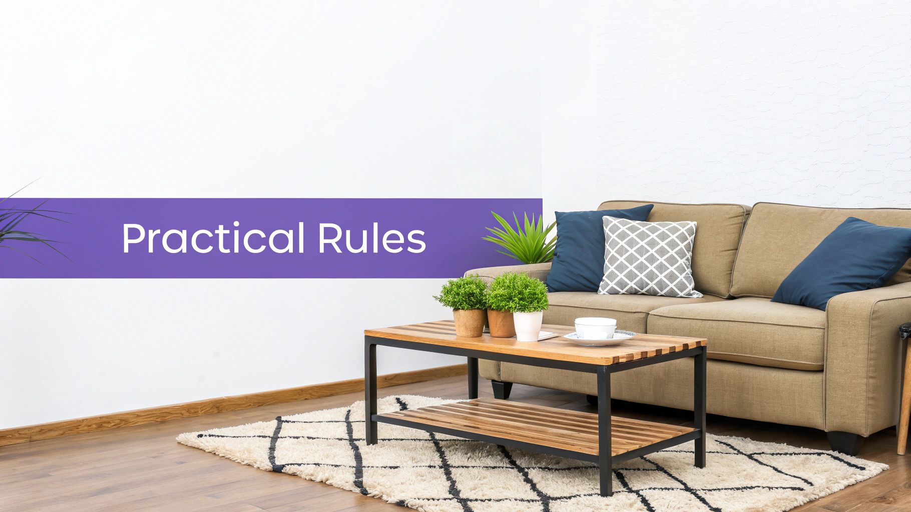 A cozy living room features a beige sofa, wooden coffee table, potted plants, and a rug. A banner says 'Practical Rules'.