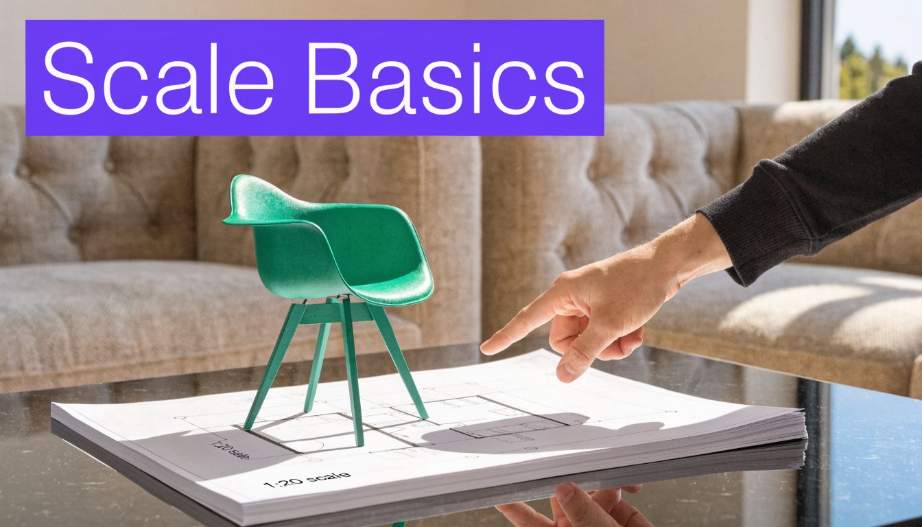 A miniature green chair placed on an architectural blueprint with a hand pointing towards the plans.