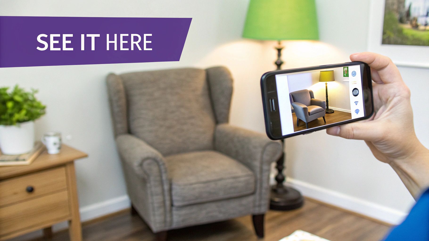 A person using a smartphone to visualize a chair in their living room, demonstrating the ease of AI furniture staging.