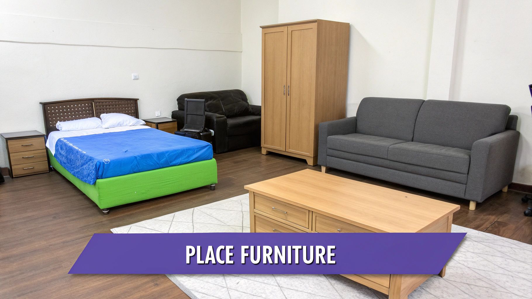Modern furnished room with a green bed, gray sofa, wooden furniture, and light rug.