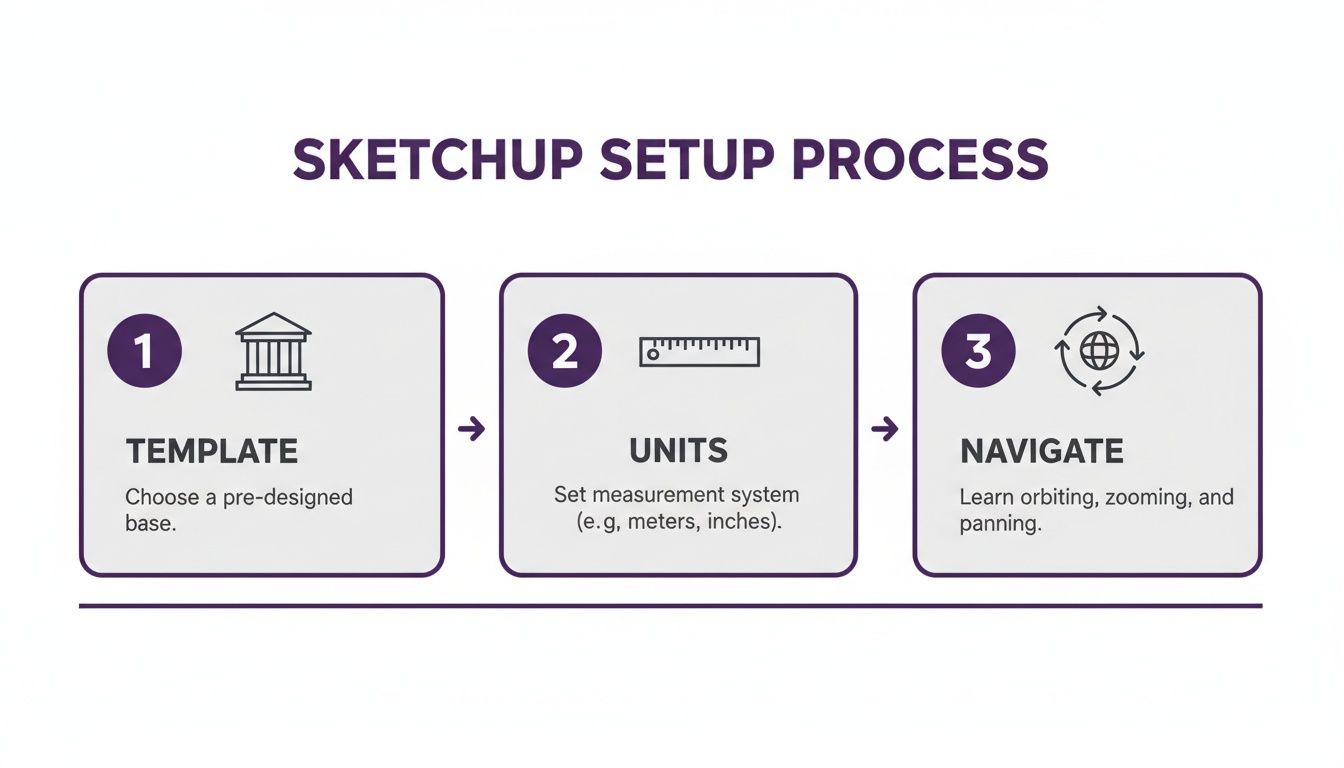 Infographic showing SketchUp setup steps: Template, Units, and Navigation with icons.