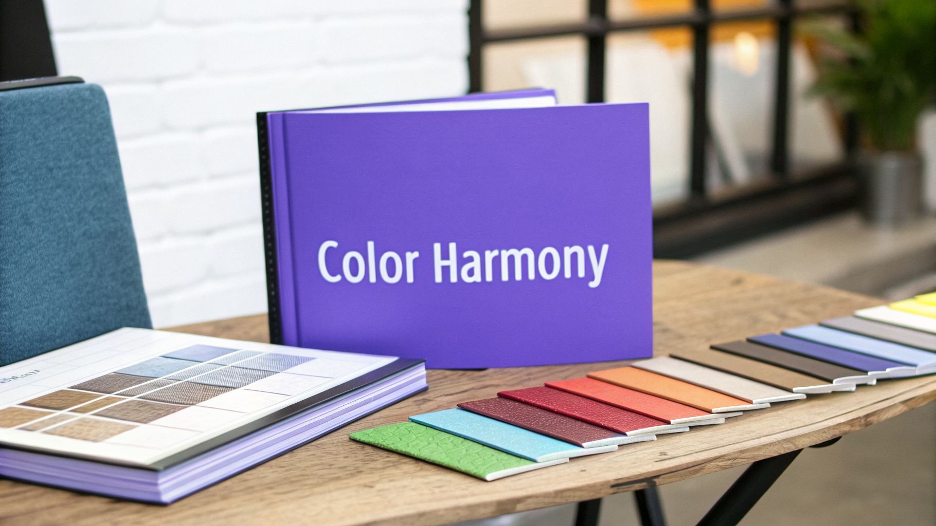 A 'Color Harmony' book open on a wooden table with various fabric samples and color swatches.