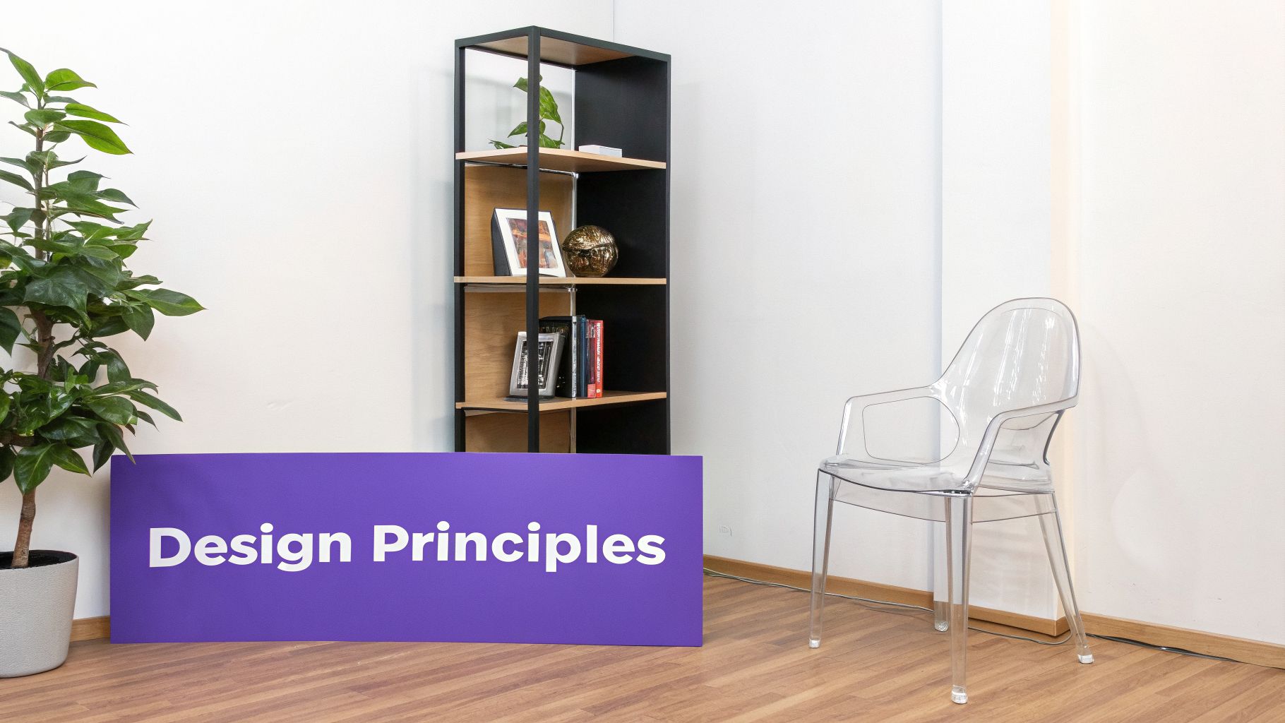 A purple banner displaying 'Design Principles' in white text, a plant, a bookshelf, and a clear chair.