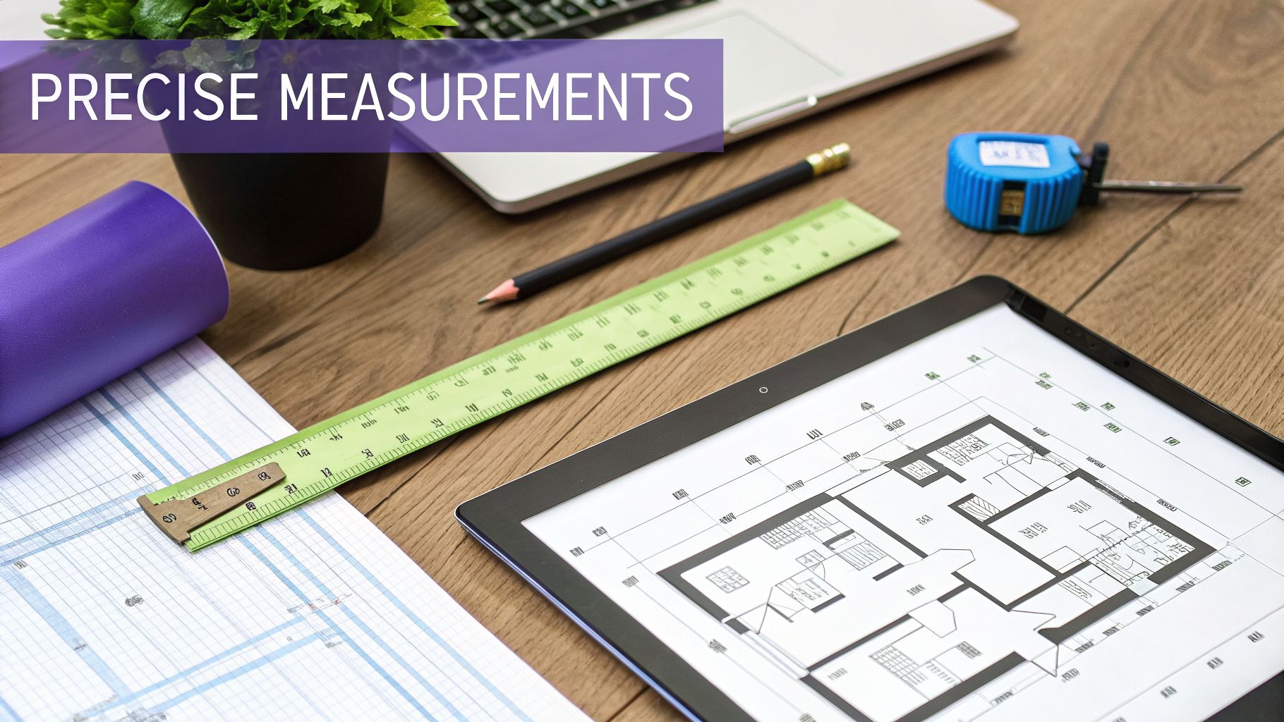 Architect's desk with tablet showing a floor plan, ruler, pencil, and laptop, highlighting precise measurements.
