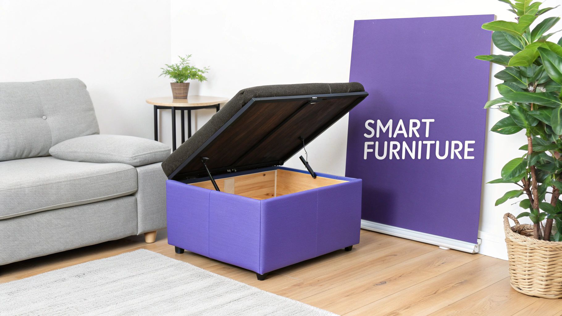A purple storage ottoman with its lid open, revealing a wooden interior, sits next to a grey sofa.