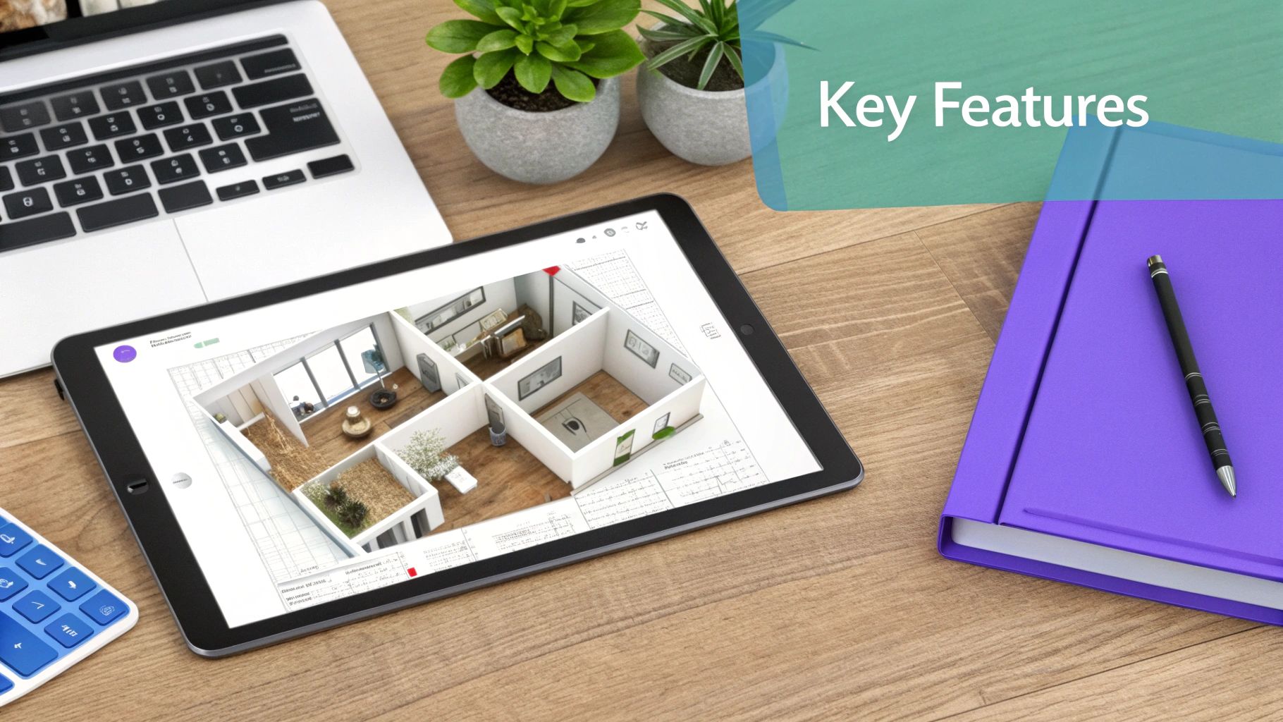 A modern workspace featuring a tablet displaying a 3D home design, laptop, potted plants, and office stationery.