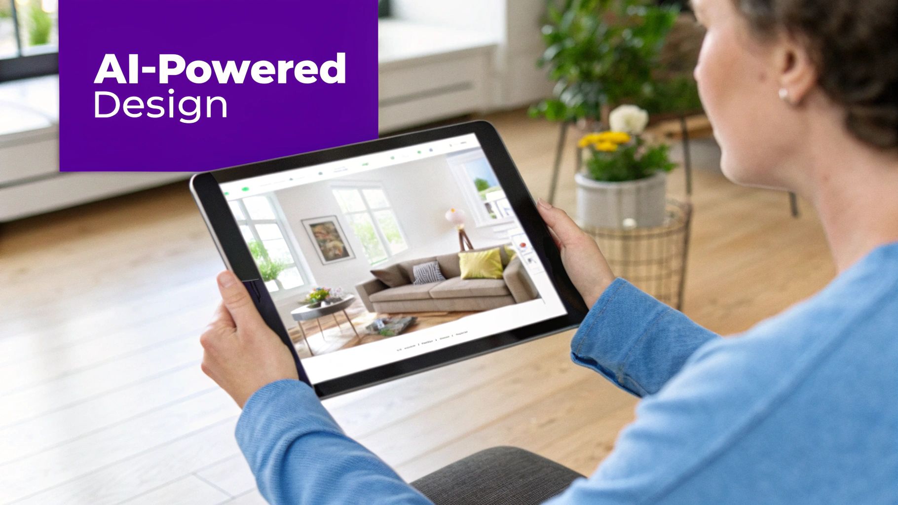 A person in a blue shirt holds a tablet displaying an AI-powered interior design, focusing on a living room layout.