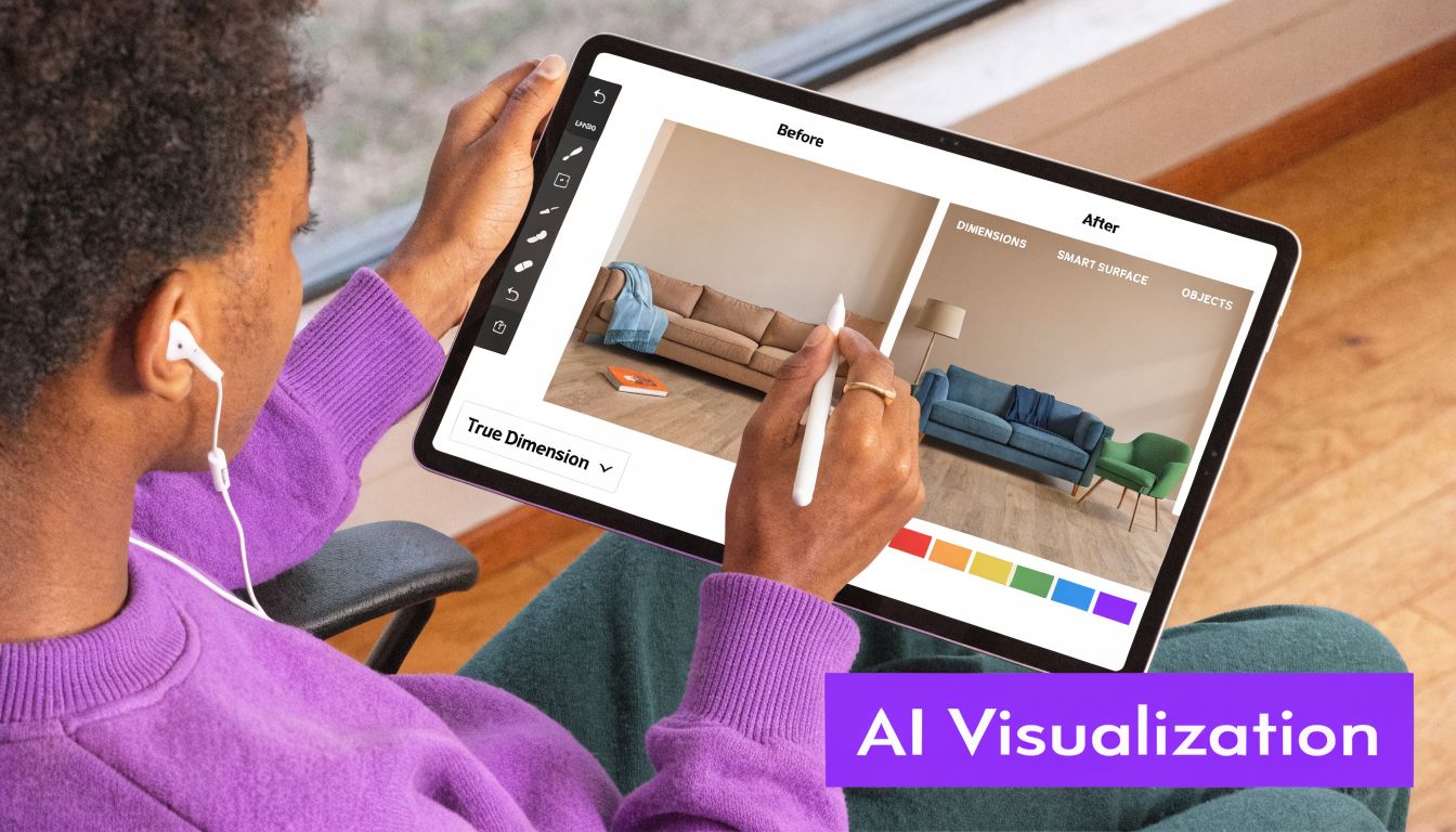 A person using an AI interior design app on a tablet to redecorate a room.