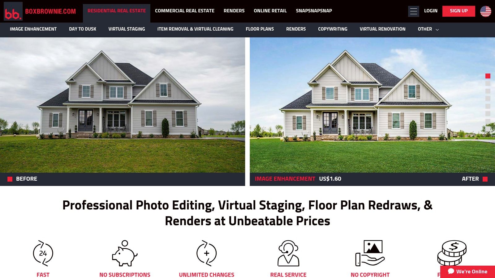 A before and after image showing the exterior of a house. The 'before' shot has a dull, overcast sky. The 'after' shot, edited by BoxBrownie, shows the same house with a vibrant, sunny blue sky, demonstrating their day-to-dusk editing service.
