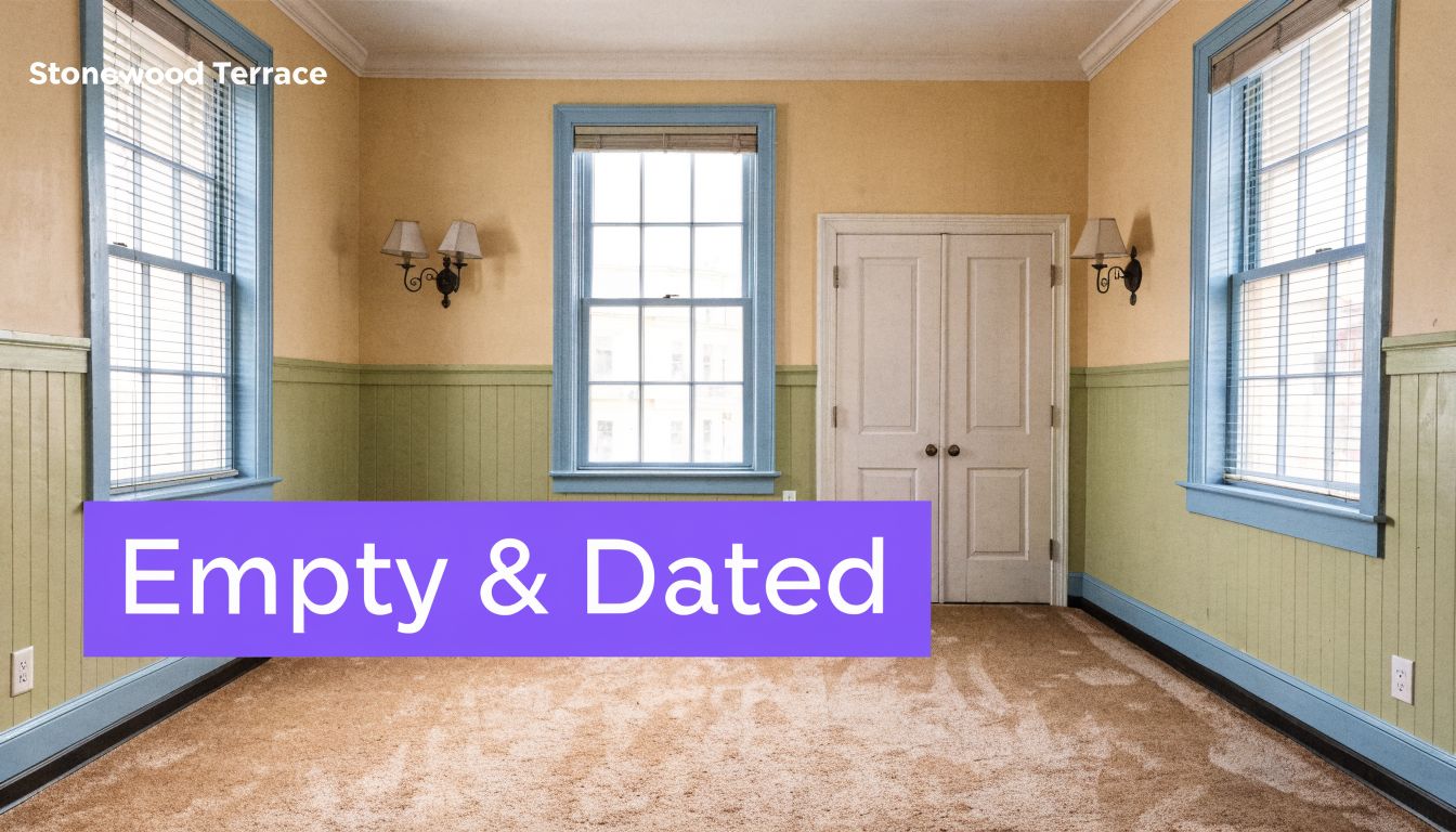 An empty bedroom with tan walls, green wainscoting, light blue window frames, and beige wall-to-wall carpeting.