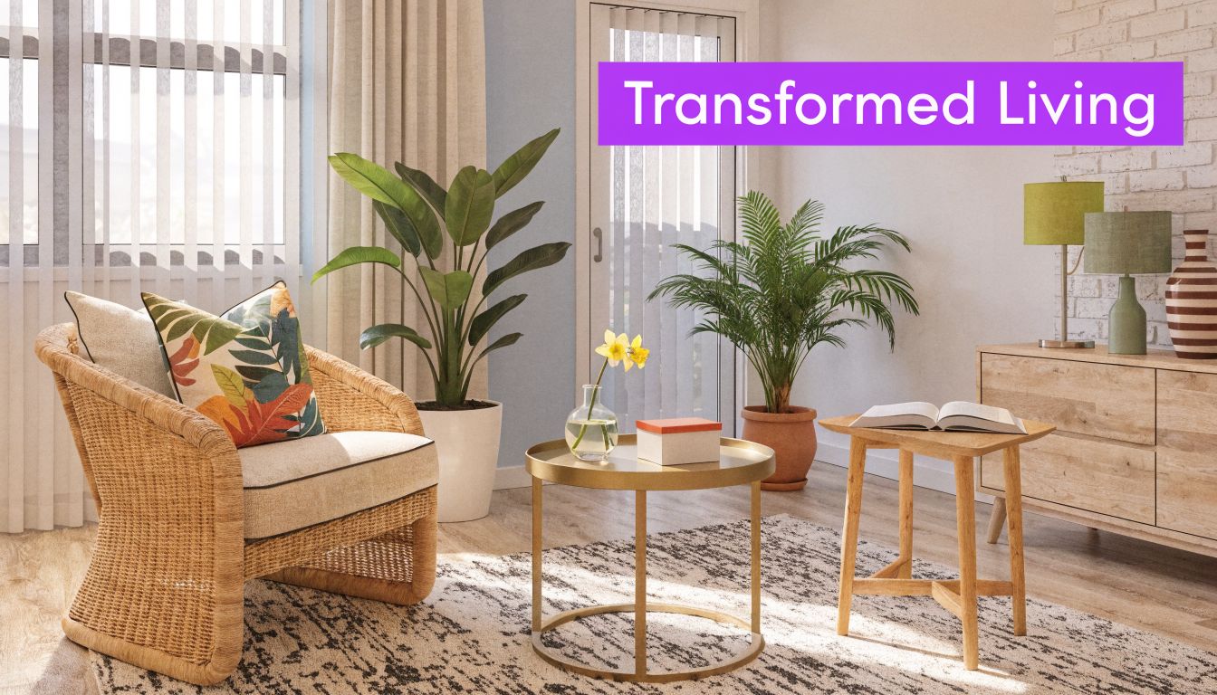 A cozy living room area featuring a wicker armchair, indoor plants, side tables, and a wooden cabinet.