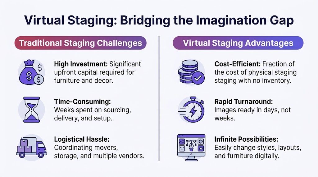 A comparison chart showing the disadvantages of traditional home staging versus the benefits of virtual staging.