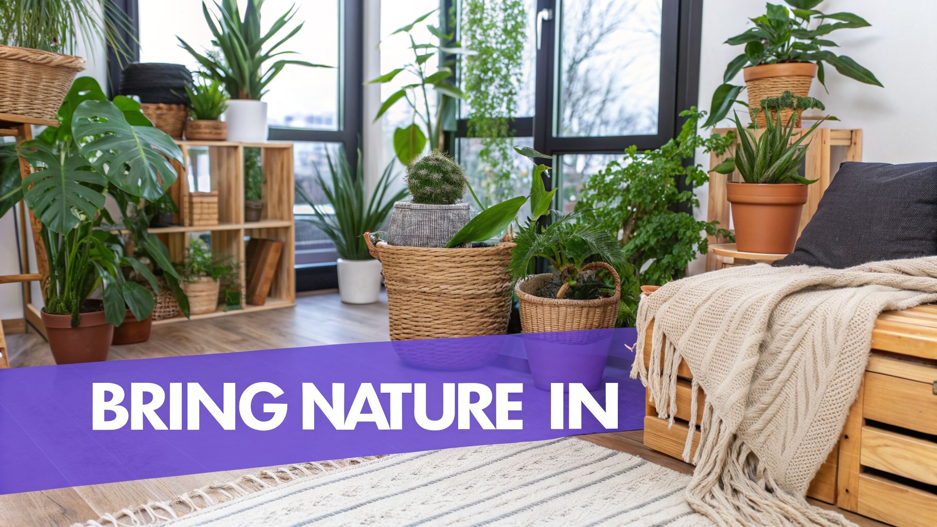 A bright room filled with various indoor plants, wooden shelves, a cozy rug, and natural decor.