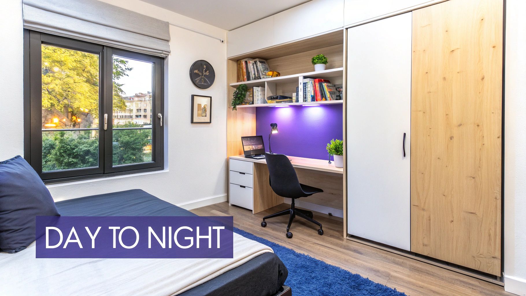 A modern, compact room with a bed, a window, a built-in desk with shelves, and a wardrobe.