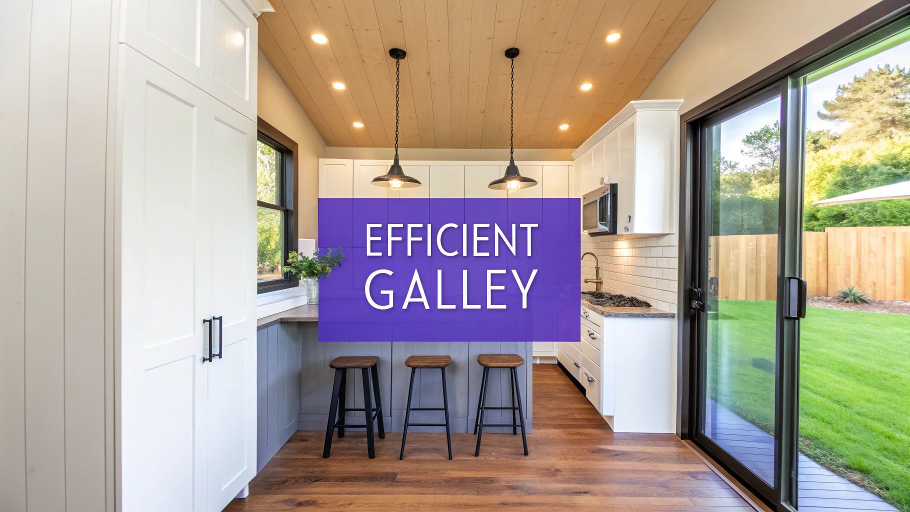 A modern, efficient galley kitchen in a tiny home with white cabinets, wood ceiling, and backyard view.