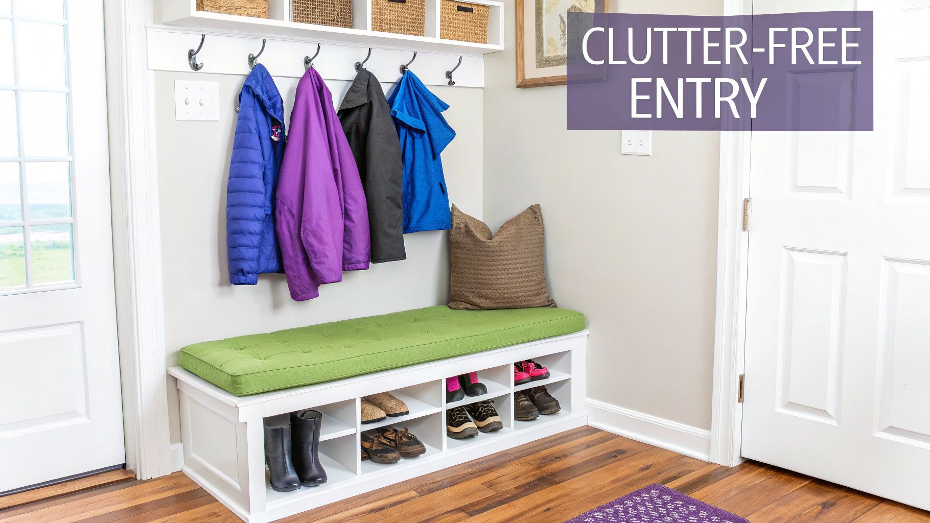 A tidy entryway with a white storage bench, green cushion, hanging coats, and organized shoes.