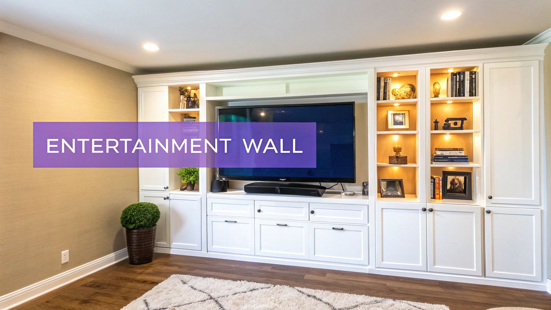 A stylish white built-in entertainment wall with a large TV and illuminated display shelves.
