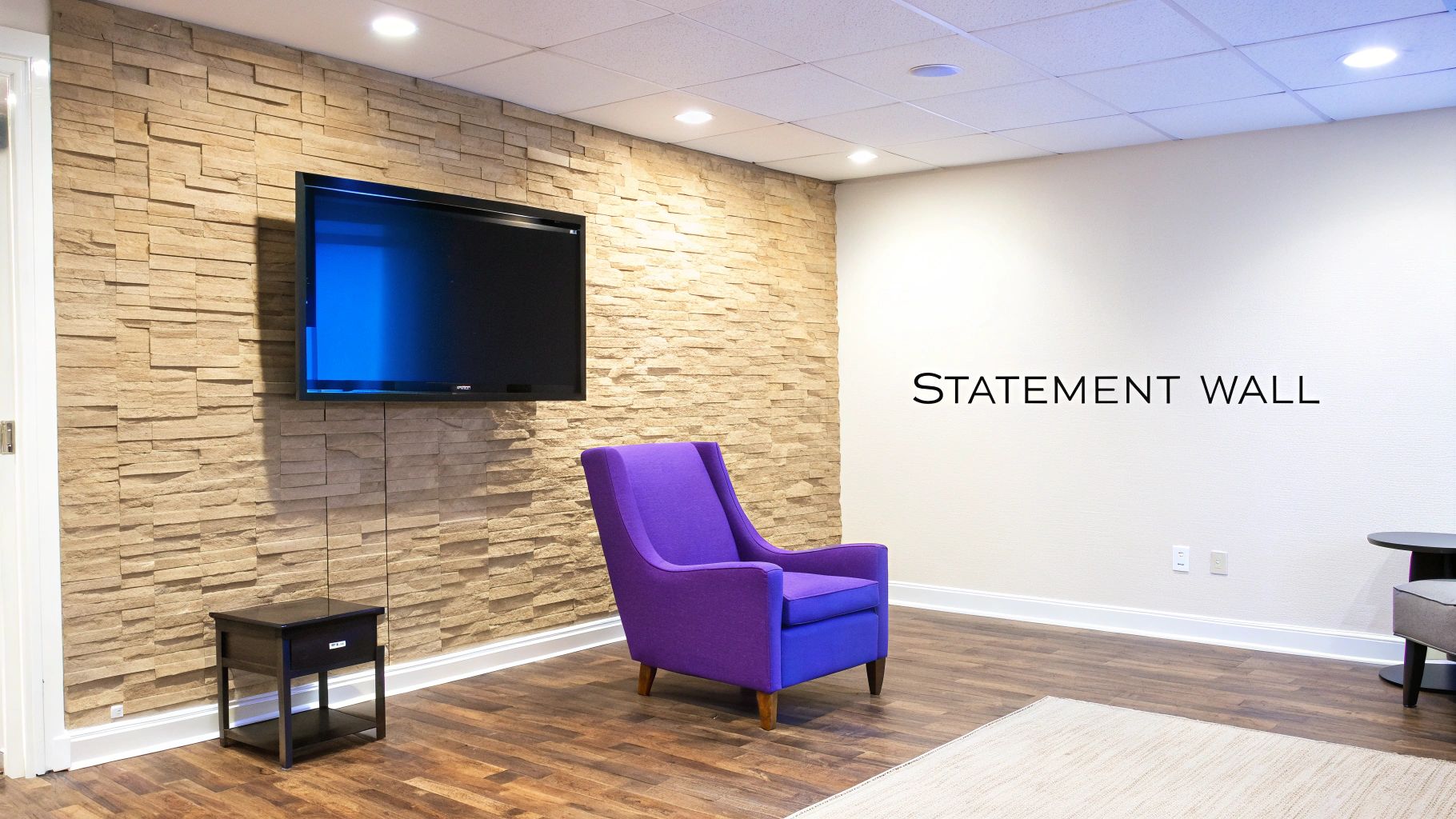 Stylish media room featuring a stone-clad accent wall with a TV, a vibrant purple armchair, and wood floor.