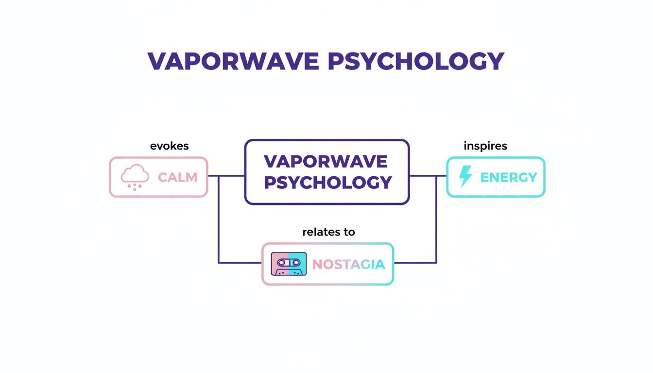 Diagram illustrating Vaporwave Psychology, showing its connections to calm, energy, and nostalgia.