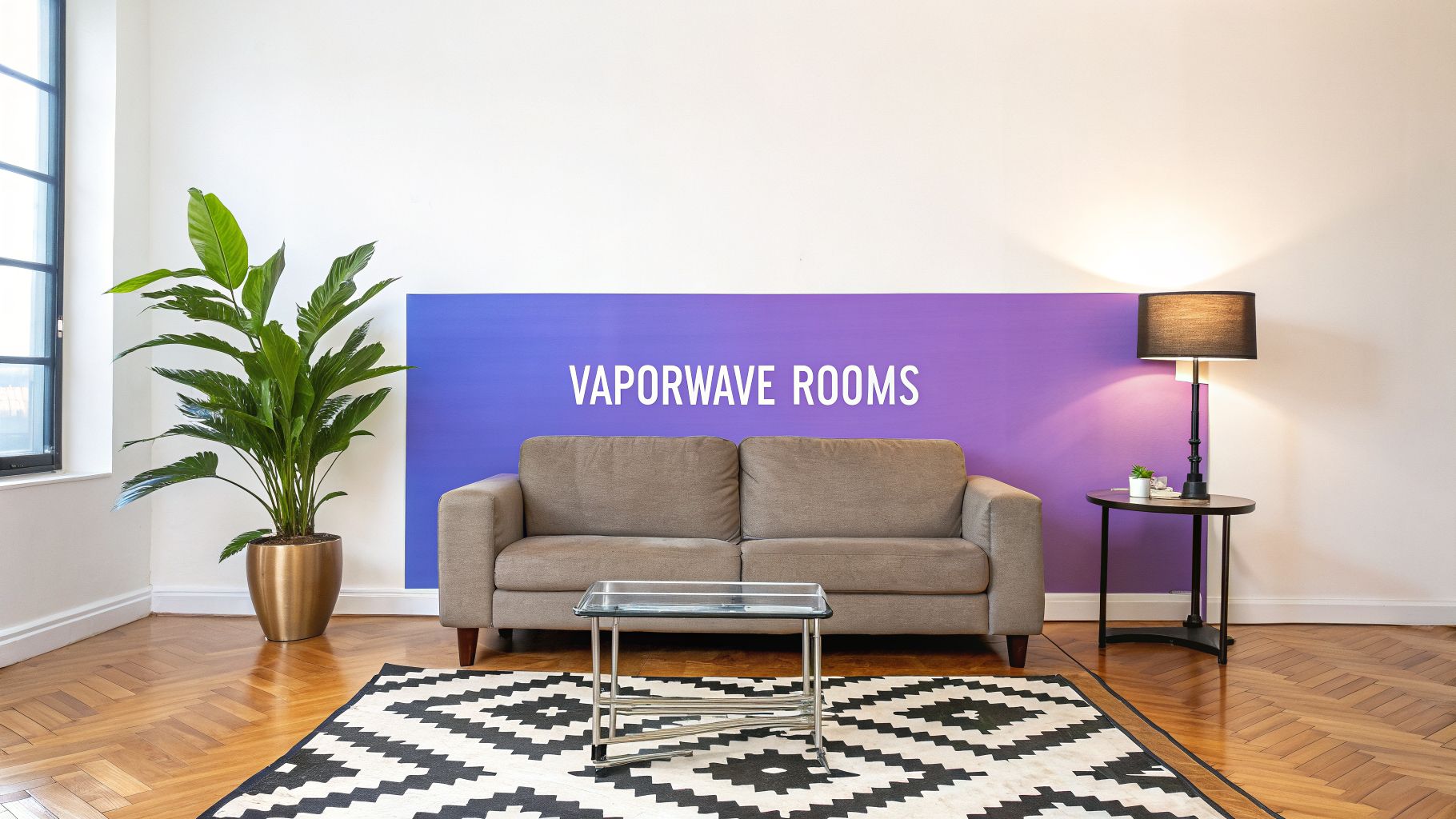 A vibrant room featuring a purple vaporwave gradient wall, a cozy sofa, plant, and warm lighting.