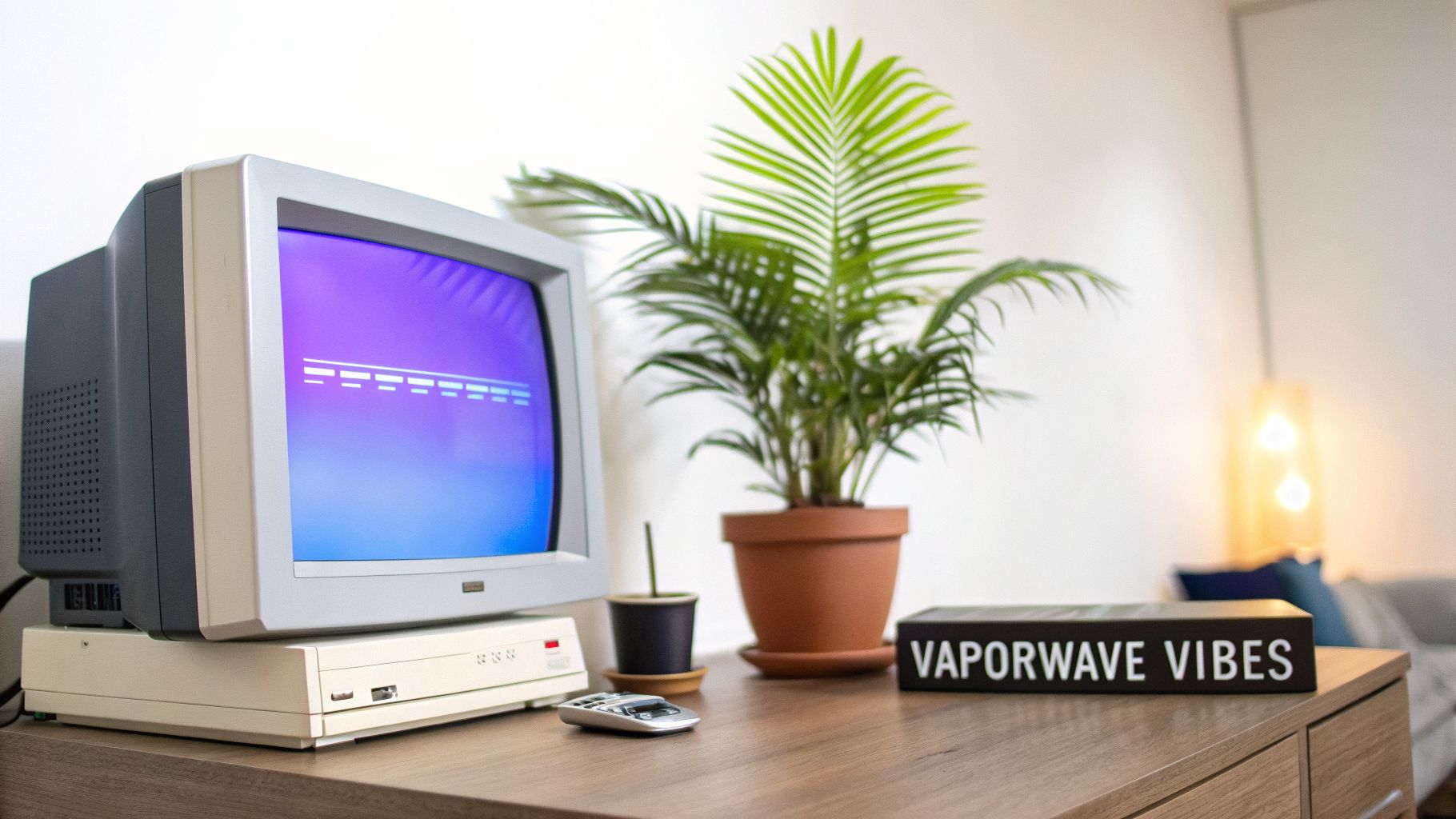 A retro computer monitor with a purple screen, a potted plant, and a 'Vaporwave Vibes' sign.