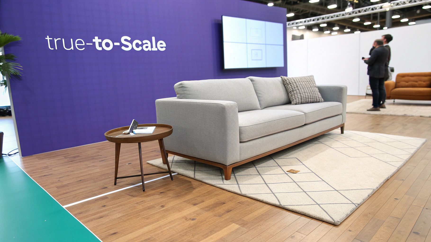 A modern grey sofa, wooden side table with a laptop, and patterned rug in a showroom display.