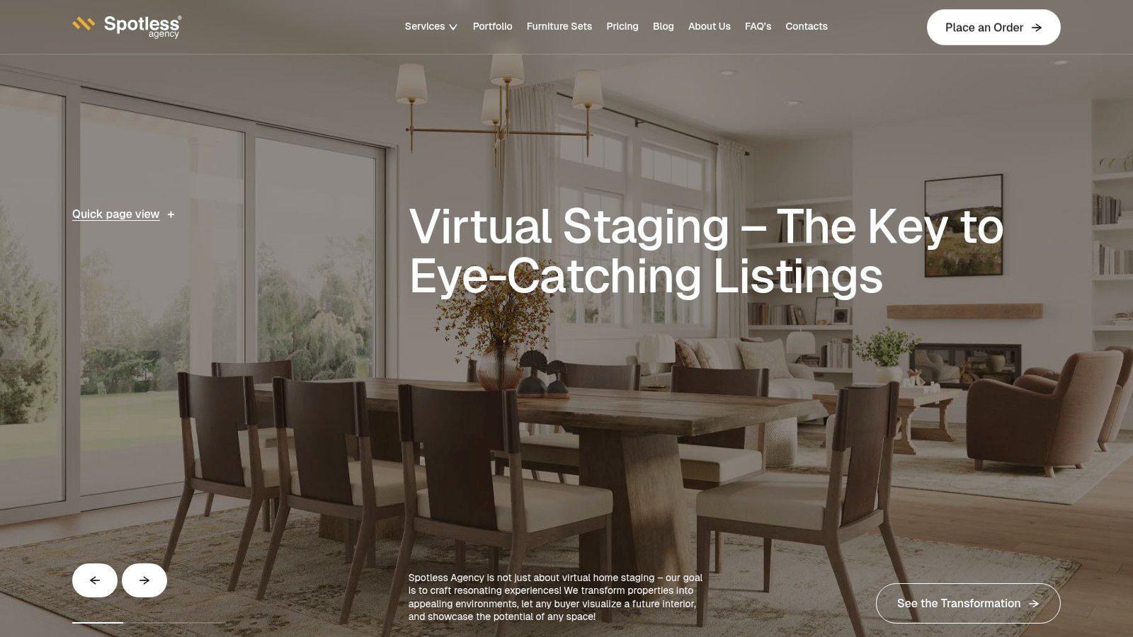 A before-and-after virtual staging example from BoxBrownie, showing an empty living room transformed into a fully furnished space.