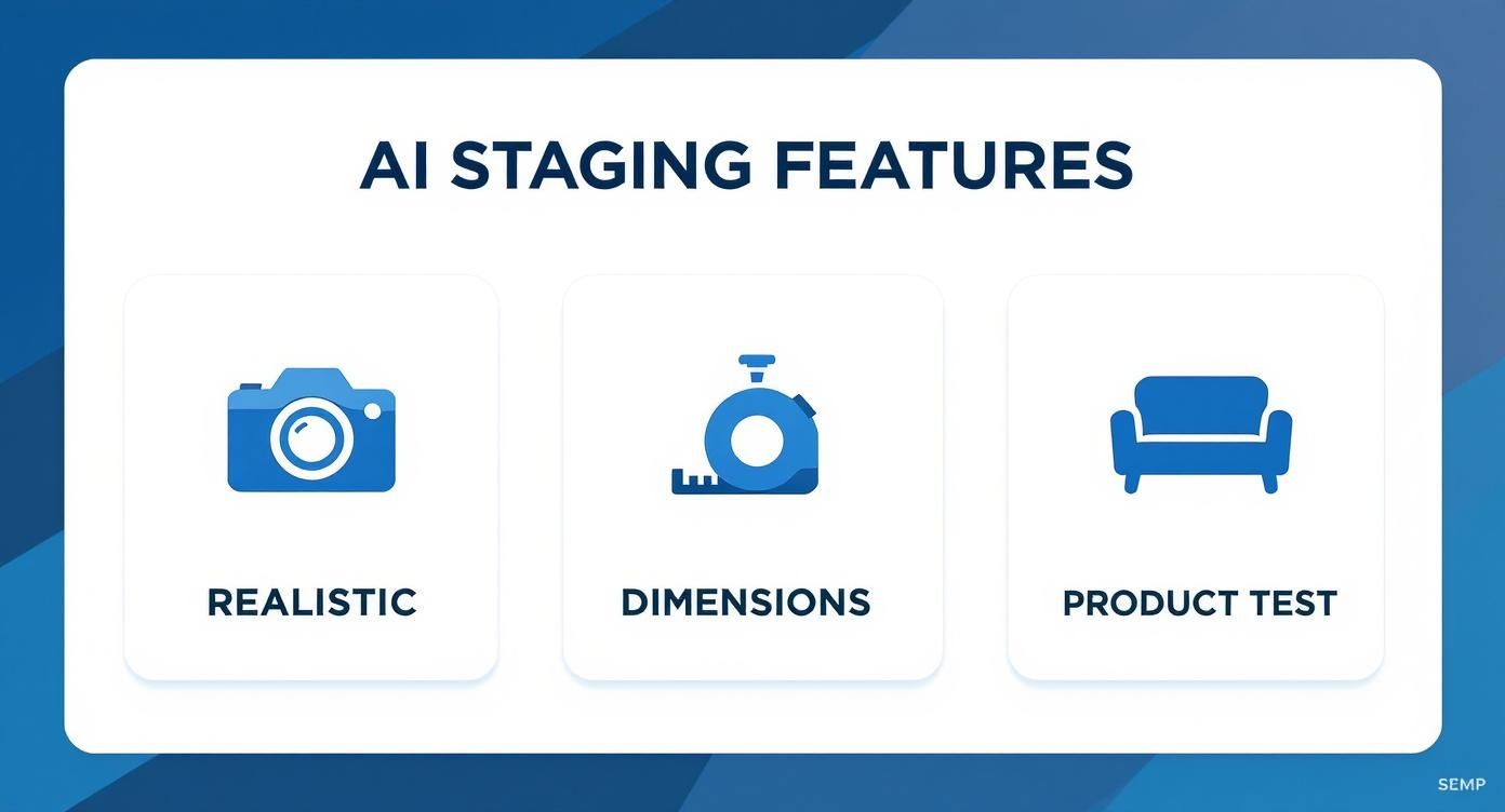 Infographic showcasing features like realistic rendering, accurate dimensions, and product testing in AI staging.