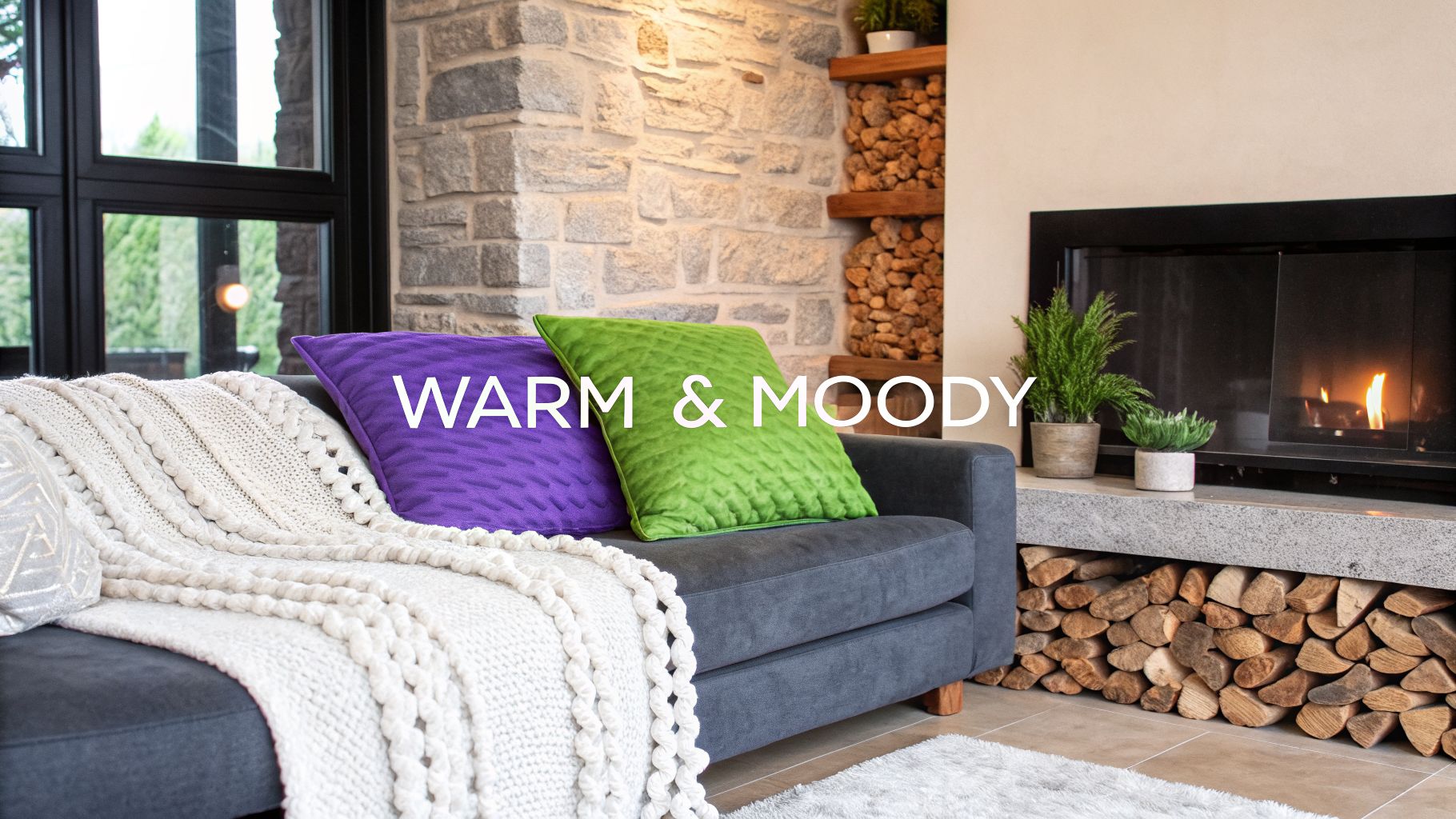 A warm and moody living room with a cozy sofa, fireplace, and firewood storage.
